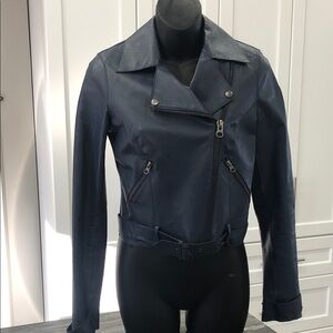 Warehouse One Navy Blue Leather Biker Jacket – Women’s UK 6 / FR 34